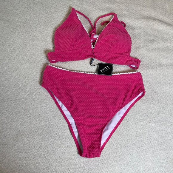 Zaful Swimsuit Women  Large Pink Textured V-Neck Crossback Straps 2 Piece Cheeky - Picture 4 of 8